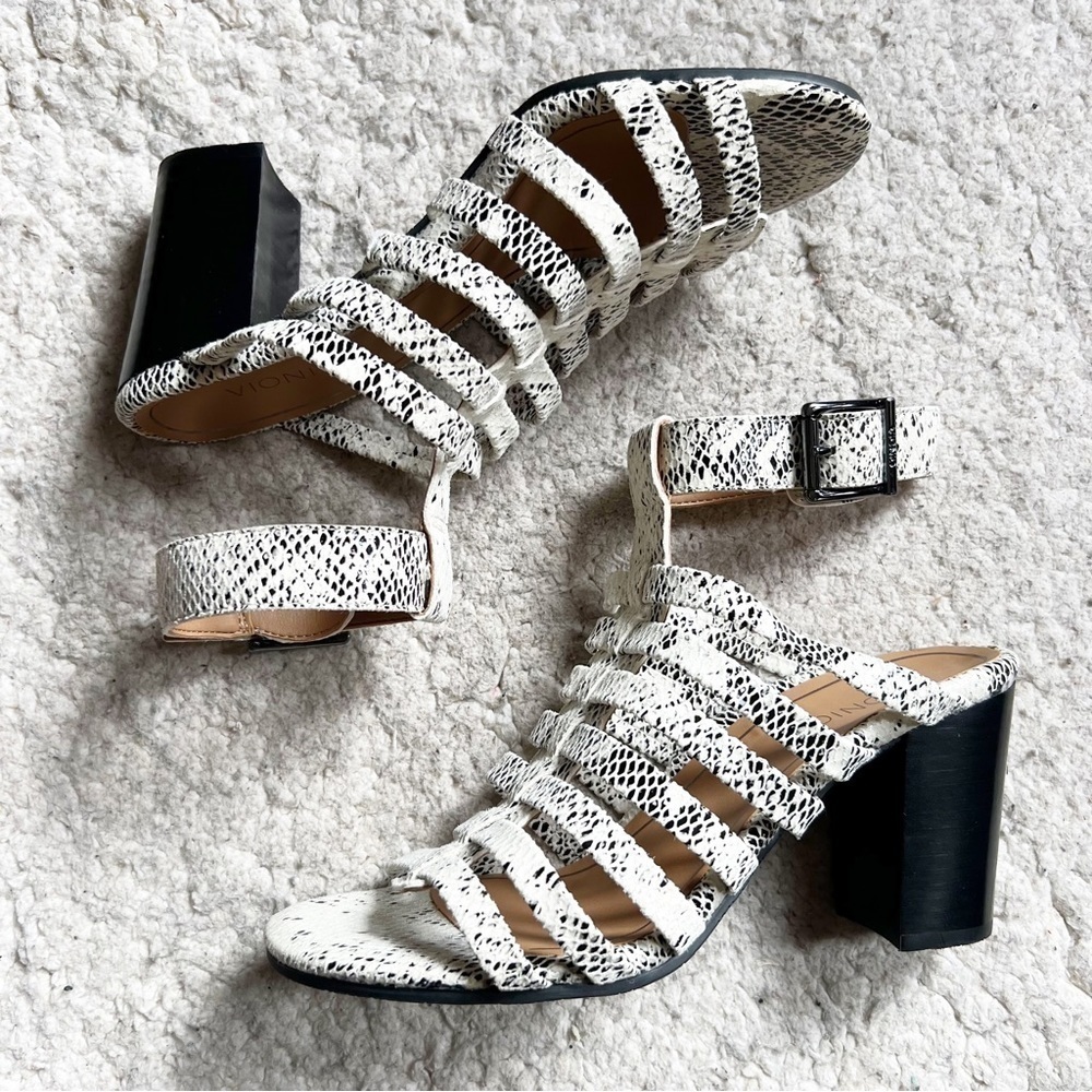 Vionic: Sami  Faux Black White Gray Snake Skin Leather Ankle Strap Block Heels